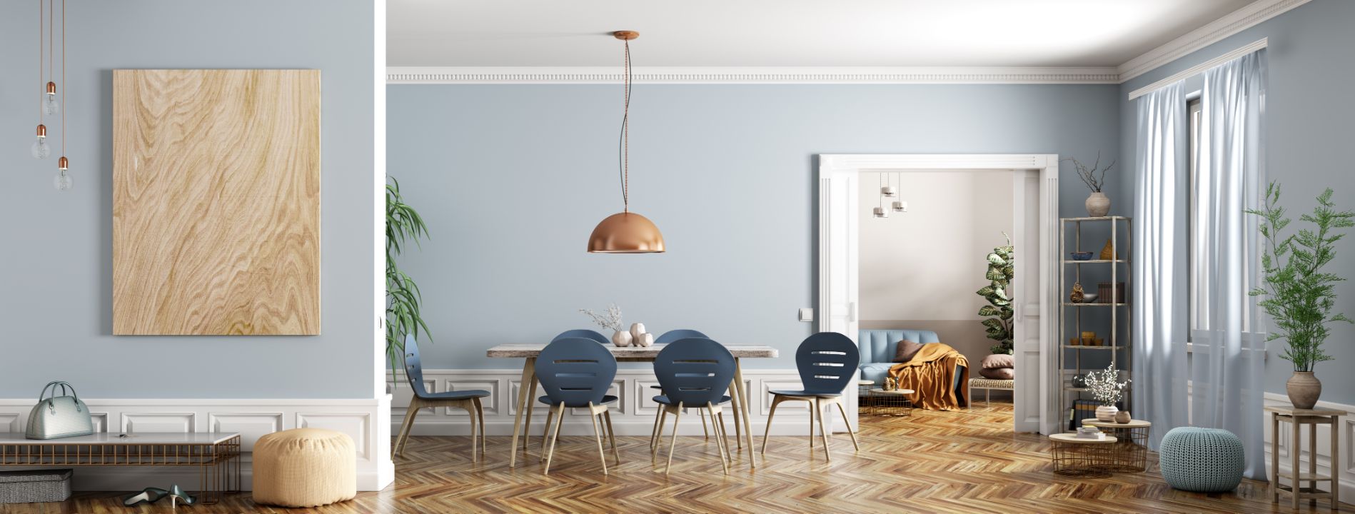 Moderne Raumgestaltung für das Wohnzimmer mit schönen Farben